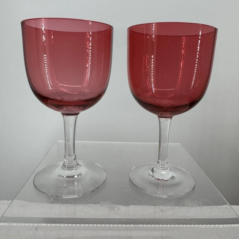 Pair‎ of Antique Cranberry Wine Glasses Excellent Condition